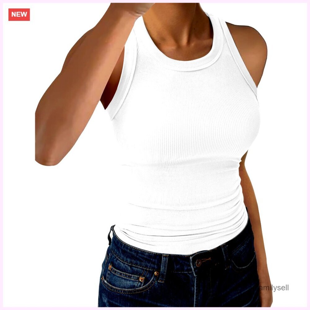 Ribbed High Neck Tank Top Slim Fit Racerback Casual Basic Thick Strap Sleeveless